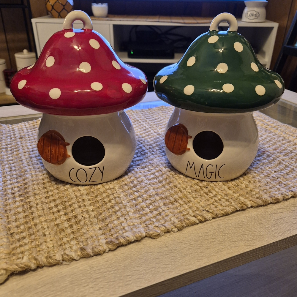 Rae Dunn Red and Green Mushroom Bird Houses Set Of 2
